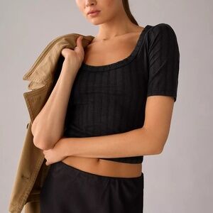 Anthropologie Black Pilcro Pointelle Scoop-Neck Tee